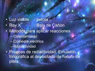 Luz visible  : pelota Ray X  : Bala de Cañòn Mètodos para aplicar reacciones Calentamiento Corriente elèctrica Radiactividad Pruebas de radiactividad: Emulsiòn fotogràfica al depositado de haluro de plata. 