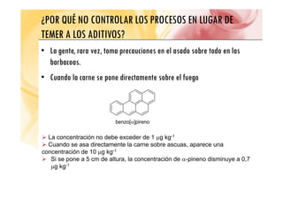 ¿POR QUÉ NO CONTROLAR LOS PROCESOS EN LUGAR DE
TEMER A LOS ADITIVOS?
TEMER A LOS ADITIVOS?
• La gente, rara vez, toma precauciones en el asado sobre todo en las
g , , p
barbacoas.
• Cuando la carne se pone directamente sobre el fuego
• Cuando la carne se pone directamente sobre el fuego
benzo[ ]pireno
benzo[ ]pireno
¾ La concentración no debe exceder de 1 μg kg-1
¾ Cuando se asa directamente la carne sobre ascuas aparece una
¾ Cuando se asa directamente la carne sobre ascuas, aparece una
concentración de 10 μg kg-1
¾ Si se pone a 5 cm de altura, la concentración de α-pineno disminuye a 0,7
μg kg-1
μg kg
 