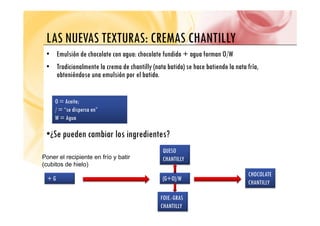 LAS NUEVAS TEXTURAS CREMAS CHANTILLY
LAS NUEVAS TEXTURAS: CREMAS CHANTILLY
• Emulsión de chocolate con agua: chocolate fundido + agua forman O/W
• Tradicionalmente la crema de chantilly (nata batida) se hace batiendo la nata fría,
obteniéndose una emulsión por el batido.
O = Aceite;
/ = “se dispersa en”
W = Agua
•¿Se pueden cambiar los ingredientes?
Poner el recipiente en frío y batir
(cubitos de hielo)
p g
QUESO
CHANTILLY
(cubitos de hielo)
+ G (G+O)/W
CHOCOLATE
CHANTILLY
FOIE.-GRAS
CHANTILLY
 