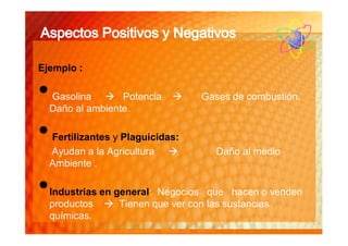 Ejemplo :

•   Gasolina  Potencia
    Daño al ambiente.
                                  Gases de combustión.



•   Fertilizantes y Plaguicidas:
    Ayudan a la Agricultura         Daño al medio
    Ambiente .

•   Industrias en general: Negocios que hacen o venden
    productos  Tienen que ver con las sustancias
    químicas.
 