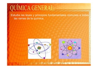 Estudia las leyes y principios fundamentales comunes a todas
  las ramas de la química.
 