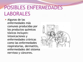 POSIBLES ENFERMEDADES
LABORALES
 Algunas de las

enfermedades más
comunes producidas por
los productos químicos
tóxicos incluyen:
intoxicaciones y
enfermedades crónicas
como las enfermedades
respiratorias, dermatitis,
enfermedades del sistema
nervioso y cánceres.

 