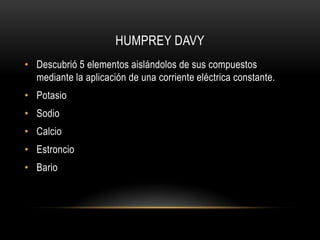 HUMPREY DAVY
• Descubrió 5 elementos aislándolos de sus compuestos
mediante la aplicación de una corriente eléctrica constante.
• Potasio
• Sodio
• Calcio
• Estroncio
• Bario

 