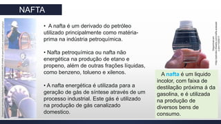 NAFTA
• A nafta é um derivado do petróleo
utilizado principalmente como matéria-
prima na indústria petroquímica.
• Nafta petroquímica ou nafta não
energética na produção de etano e
propeno, além de outras frações líquidas,
como benzeno, tolueno e xilenos.
• A nafta energética é utilizada para a
geração de gás de síntese através de um
processo industrial. Este gás é utilizado
na produção de gás canalizado
domestico.
A nafta é um liquido
incolor, com faixa de
destilação próxima á da
gasolina, e é utilizada
na produção de
diversos bens de
consumo.
Disponívelem
>http://petroleo.50webs.com/nafta.acessad
oem<13/05/17
Disponívelem>http:/slideplayer.com.br/slideINSUMOS+PARA+A+petroQuimiacessadoem<13/05/17
 