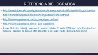 ▪ http://www.infoescola.com/quimica/petroleo-como-principal-fonte-de-hidrocarbonetos
▪ http://mundoeducacao.bol.uol.com.br/quimica/refino-petroleo
▪ http://www.suapesquisa.com/o_que_e/gas_natural
▪ http://www.suapesquisa.com/o_que_e/gasolina
▪ Livro: Química cidadã : volume 3 : ensino médio, 3° serie / Wildson Luiz Pereira dos
Santos , Gerson de Sousa Mól, (coords) 2 ed. São Paulo : Editora AJS, 2013.
REFERENCIA BIBLIOGRAFICA
 