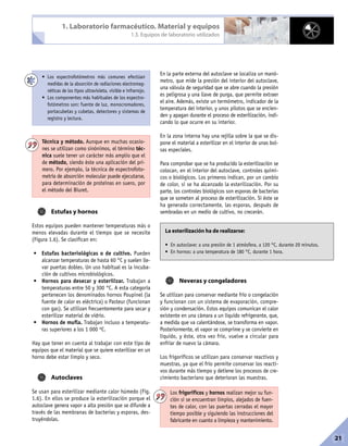 01 UNIDAD 10/2/05 11:44 Página 21




                          1. Laboratorio farmacéutico. Material y equipos
                                                                 1.3. Equipos de laboratorio utilizados




                                                                             En la parte externa del autoclave se localiza un manó-
               • Los espectrofotómetros más comunes efectúan
                                                                             metro, que mide la presión del interior del autoclave,
                 medidas de la absorción de radiaciones electromag-
                                                                             una válvula de seguridad que se abre cuando la presión
                 néticas de los tipos ultravioleta, visible e infrarrojo.
                                                                             es peligrosa y una llave de purga, que permite extraer
               • Los componentes más habituales de los espectro-
                                                                             el aire. Además, existe un termómetro, indicador de la
                 fotómetros son: fuente de luz, monocromadores,
                                                                             temperatura del interior, y unos pilotos que se encien-
                 portacubetas y cubetas, detectores y sistemas de
                                                                             den y apagan durante el proceso de esterilización, indi-
                 registro y lectura.
                                                                             cando lo que ocurre en su interior.

                                                                             En la zona interna hay una rejilla sobre la que se dis-
               Técnica y método. Aunque en muchas ocasio-                    pone el material a esterilizar en el interior de unas bol-
               nes se utilizan como sinónimos, el término téc-               sas especiales.
               nica suele tener un carácter más amplio que el
               de método, siendo éste una aplicación del pri-                Para comprobar que se ha producido la esterilización se
               mero. Por ejemplo, la técnica de espectrofoto-                colocan, en el interior del autoclave, controles quími-
               metría de absorción molecular puede ejecutarse,               cos o biológicos. Los primeros indican, por un cambio
               para determinación de proteínas en suero, por                 de color, si se ha alcanzado la esterilización. Por su
               el método del Biuret.                                         parte, los controles biológicos son esporas de bacterias
                                                                             que se someten al proceso de esterilización. Si éste se
                                                                             ha generado correctamente, las esporas, después de
                    Estufas y hornos                                         sembradas en un medio de cultivo, no crecerán.

           Estos equipos pueden mantener temperaturas más o
           menos elevadas durante el tiempo que se necesite                    La esterilización ha de realizarse:
           (Figura 1.6). Se clasifican en:
                                                                               • En autoclave: a una presión de 1 atmósfera, a 120 °C, durante 20 minutos.
            • Estufas bacteriológicas o de cultivo. Pueden                     • En hornos: a una temperatura de 180 °C, durante 1 hora.
              alcanzar temperaturas de hasta 60 °C y suelen lle-
              var puertas dobles. Un uso habitual es la incuba-
              ción de cultivos microbiológicos.
            • Hornos para desecar y esterilizar. Trabajan a                           Neveras y congeladores
              temperaturas entre 50 y 300 °C. A esta categoría
              pertenecen los denominados hornos Poupinel (la                 Se utilizan para conservar mediante frío o congelación
              fuente de calor es eléctrica) o Pasteur (funcionan             y funcionan con un sistema de evaporación, compre-
              con gas). Se utilizan frecuentemente para secar y              sión y condensación. Estos equipos comunican el calor
              esterilizar material de vidrio.                                existente en una cámara a un líquido refrigerante, que,
            • Hornos de mufla. Trabajan incluso a temperatu-                 a medida que va calentándose, se transforma en vapor.
              ras superiores a los 1 000 ºC.                                 Posteriormente, el vapor se comprime y se convierte en
                                                                             líquido, y éste, otra vez frío, vuelve a circular para
           Hay que tener en cuenta al trabajar con este tipo de              enfriar de nuevo la cámara.
           equipos que el material que se quiere esterilizar en un
           horno debe estar limpio y seco.                                   Los frigoríficos se utilizan para conservar reactivos y
                                                                             muestras, ya que el frío permite conservar los reacti-
                                                                             vos durante más tiempo y detiene los procesos de cre-
                    Autoclaves                                               cimiento bacteriano que deterioran las muestras.

           Se usan para esterilizar mediante calor húmedo (Fig.                  Los frigoríficos y hornos realizan mejor su fun-
           1.6). En ellos se produce la esterilización porque el                 ción si se encuentran limpios, alejados de fuen-
           autoclave genera vapor a alta presión que se difunde a                tes de calor, con las puertas cerradas el mayor
           través de las membranas de bacterias y esporas, des-                  tiempo posible y siguiendo las instrucciones del
           truyéndolas.                                                          fabricante en cuanto a limpieza y mantenimiento.


                                                                                                                                                             01
                                                                                                                                                             21
 