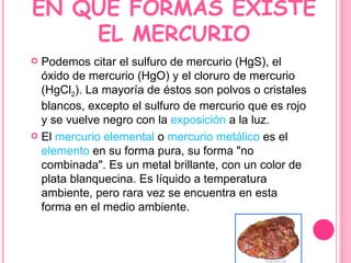 EN QUE FORMAS EXISTE EL MERCURIO Podemos citar el sulfuro de mercurio (HgS), el óxido de mercurio (HgO) y el cloruro de mercurio (HgCl 2 ). La mayoría de éstos son polvos o cristales blancos, excepto el sulfuro de mercurio que es rojo y se vuelve negro con la  exposición  a la luz. El  mercurio elemental  o  mercurio metálico  es el  elemento  en su forma pura, su forma "no combinada". Es un metal brillante, con un color de plata blanquecina. Es líquido a temperatura ambiente, pero rara vez se encuentra en esta forma en el medio ambiente. 