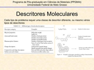 Descritores Moleculares Programa de Pós-graduação em Ciências de Materiais (PPGMAt) Universidade Federal de Mato Grosso Cada tipo de problema requer uma classe de descritor diferente, ou mesmo vários tipos de descritores 