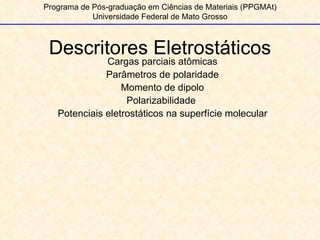 Descritores Eletrostáticos Programa de Pós-graduação em Ciências de Materiais (PPGMAt) Universidade Federal de Mato Grosso Cargas parciais atômicas Parâmetros de polaridade Momento de dipolo Polarizabilidade  Potenciais eletrostáticos na superfície molecular 