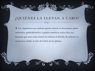 ¿Quiénes LA LLEVAN A CABO?Los organismos que realizan quimio síntesis se denominan quimo autótrofos, quimiolitótrofos o quimio sintéticos; todos ellos son bacterias que usan como fuente de carbono el dióxido de carbono en un proceso similar al ciclo de Calvin de las plantas.