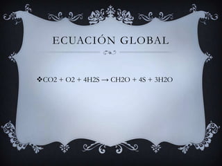 Ecuación globalCO2 + O2 + 4H2S -> CH2O + 4S + 3H2O