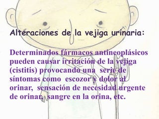 Alteraciones de la vejiga urinaria:
Determinados fármacos antineoplásicos
pueden causar irritación de la vejiga
(cistitis) provocando una serie de
síntomas como escozor y dolor al
orinar, sensación de necesidad urgente
de orinar, sangre en la orina, etc.
 