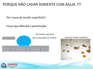 Por causa da tensão superficial !
Força que dificulta a penetração.
Alta tensão superficial
Baixa capacidade de ‘molhar’ Exemplo: Tensão superficial
PORQUE NÃO LAVAR SOMENTE COM ÁGUA ???
 