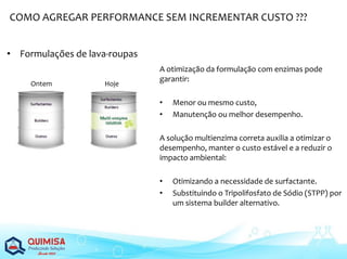 • Formulações de lava-roupas
Ontem Hoje
A otimização da formulação com enzimas pode
garantir:
• Menor ou mesmo custo,
• Manutenção ou melhor desempenho.
A solução multienzima correta auxilia a otimizar o
desempenho, manter o custo estável e a reduzir o
impacto ambiental:
• Otimizando a necessidade de surfactante.
• Substituindo o Tripolifosfato de Sódio (STPP) por
um sistema builder alternativo.
COMO AGREGAR PERFORMANCE SEM INCREMENTAR CUSTO ???
 
