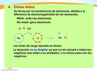 A. Enlace iónico
   Se forma por la transferencia de electrones, debido a la
   diferencia de electronegatividad de los elementos.
      Metal: cede sus electrones
      No metal: gana electrones

         ē
       M → NM
                    ● ●               +         -
           ●            ●
      Na          ● Cl ●              Na   Cl
                    ● ●
   Los iones de carga opuesta se atraen.
   La atracción no es dirigida: ya que un ión atraerá a todos los
   negativos que estén a su alrededor; y lo mismo pasa con los
   negativos.
 