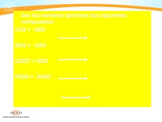 Dar los nombres químicos los siguientes
  compuestos:
CO2 + H2O

SO3 + H2O

Cl2O7 + H2O

P2O5 + 3H2O
 