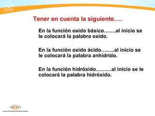 Tener en cuenta la siguiente….
 En la función oxido básico…….al inicio se
 le colocará la palabra oxido.

 En la función oxido ácido……..al inicio se
 le colocará la palabra anhídrido.

 En la función hidróxido………al inicio se le
 colocará la palabra hidróxido.
 