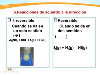 6.Reacciones de acuerdo a la dirección

 Irreversible              Reversible
 Cuando se da en              Cuando se da en
  un solo sentido            dos sentidos
  ()                      (     )
AgNO3 + HCl AgCl + HNO3

                           I2(g) + H2(g)   HI(g)
 