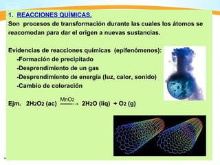 1. REACCIONES QUÍMICAS.
Son procesos de transformación durante las cuales los átomos se
reacomodan para dar el origen a nuevas sustancias.

Evidencias de reacciones químicas (epifenómenos):
   -Formación de precipitado
   -Desprendimiento de un gas
   -Desprendimiento de energía (luz, calor, sonido)
   -Cambio de coloración

                 MnO2
Ejm. 2H2O2 (ac) ——→ 2H2O (liq) + O2 (g)
 