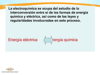 La electroquímica se ocupa del estudio de la
 interconversión entre sí de las formas de energía
 química y eléctrica, así como de las leyes y
 regularidades involucradas en este proceso.




Energía eléctrica        Energía química
 