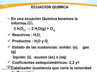 ECUACION QUIMICA


• En una ecuación Química tenemos la
               MnO
  información:
             2



    2 H2O2 (l) → 2 H2O(g) + O2(g)
 Reactivos : H2O2
 Productos : H2O y O2
 Estado de las sustancias: solido: (s), gas
  (g)
   líquido: (l), acuoso (ac) o (aq)
 Coeficientes estequiométricos: 2,2 y1
 Catalizador (sustancia que varia la velocidad
 