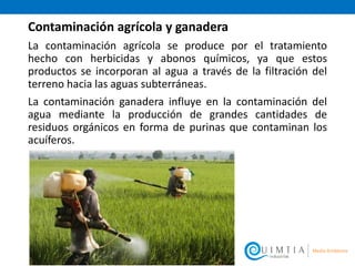 Contaminación agrícola y ganadera
La contaminación agrícola se produce por el tratamiento
hecho con herbicidas y abonos químicos, ya que estos
productos se incorporan al agua a través de la filtración del
terreno hacia las aguas subterráneas.
La contaminación ganadera influye en la contaminación del
agua mediante la producción de grandes cantidades de
residuos orgánicos en forma de purinas que contaminan los
acuíferos.
 