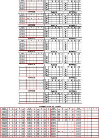 DATA 1 2 3 4 5
29/08/22
30/08/22
31/08/22
01/09/22
02/09/22
03/09/22
1 2 3 4 5
A
B
C
D
1 2 3 4 5
A
B
C
D
SORTEIOS PARES ÍMPARES
DATA 1 2 3 4 5
05/09/22
06/09/22
07/09/22 FE RI A D O
08/09/22
09/09/22
10/09/22
1 2 3 4 5
A
B
C
D
1 2 3 4 5
A
B
C
D
SORTEIOS PARES ÍMPARES
DATA 1 2 3 4 5
12/09/22
13/09/22
14/09/22
15/09/22
16/09/22
17/09/22
1 2 3 4 5
A
B
C
D
1 2 3 4 5
A
B
C
D
SORTEIOS PARES ÍMPARES
DATA 1 2 3 4 5
19/09/22
20/09/22
21/09/22
22/09/22
23/09/22
24/09/22
1 2 3 4 5
A
B
C
D
1 2 3 4 5
A
B
C
D
SORTEIOS PARES ÍMPARES
DATA 1 2 3 4 5
26/09/22
27/09/22
28/09/22
29/09/22
30/09/22
01/10/22
1 2 3 4 5
A
B
C
D
1 2 3 4 5
A
B
C
D
SORTEIOS PARES ÍMPARES
1 2 3 4 5
A
B
C
D
1 2 3 4 5
A
B
C
D
SORTEIOS PARES ÍMPARES
1 2 3 4 5
A
B
C
D
1 2 3 4 5
A
B
C
D
SORTEIOS PARES ÍMPARES
1 2 3 4 5
A
B
C
D
1 2 3 4 5
A
B
C
D
QUINA ESTATÍSTICA DOS SORTEIOS
DATA 1 2 3 4 5
11/07/22 37 47 59 12 77
12/07/22 45 11 38 39 44
13/07/22 51 71 56 74 68
14/07/22 62 57 09 12 21
15/07/22 72 73 31 69 07
16/07/22 31 27 17 12 29
18/07/22 76 21 73 27 37
19/07/22 51 20 60 42 16
20/07/22 59 07 74 48 64
21/07/22 29 67 68 13 65
22/07/22 02 32 30 40 20
23/07/22 11 20 27 26 64
25/07/22 55 10 15 51 60
26/07/22 37 28 73 67 74
27/07/22 03 70 59 06 49
28/07/22 04 74 17 77 05
29/07/22 50 78 03 25 56
30/07/22 59 07 17 61 39
DATA 1 2 3 4 5
01/08/22 23 19 74 53 40
02/08/22 33 70 73 27 11
03/08/22 46 61 20 53 73
04/08/22 20 58 21 07 17
05/08/22 56 12 03 38 14
06/08/22 54 28 04 27 32
08/08/22 42 70 51 11 44
09/08/22 06 01 30 74 29
10/08/22 43 26 28 30 62
11/08/22 07 34 30 69 42
12/08/22 25 35 07 54 60
13/08/22 36 16 01 58 54
15/08/22 77 25 49 46 73
16/08/22 47 42 67 36 14
17/08/22 34 20 06 19 26
18/08/22 55 69 58 39 06
19/08/22 74 54 62 66 75
20/08/22 38 72 05 42 52
DATA 1 2 3 4 5
22/08/22 46 20 17 21 80
23/08/22 43 54 23 21 24
24/08/22 70 40 30 24 10
25/08/22 68 33 09 37 54
26/08/22 34 58 62 50 54
27/08/22 32 53 02 04 34
29/08/22 10 13 16 28 47
30/08/22 30 43 48 52 71
31/08/22
01/09/22
02/09/22
03/09/22
05/09/22
06/09/22
07/09/22 FE RI A D O
08/09/22
09/09/22
10/09/22
DATA 1 2 3 4 5
12/09/22
13/09/22
14/09/22
15/09/22
16/09/22
17/09/22
19/09/22
20/09/22
21/09/22
22/09/22
23/09/22
24/09/22
26/09/22
27/09/22
28/09/22
29/09/22
30/09/22
01/10/22
 