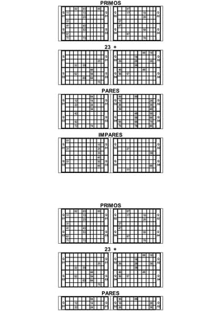 PRIMOS
Q
01
02 03 05
Q
01
11 13
23
31
Q
03
41 43
Q
03
53
61
71 73
Q
02
07
Q
02
17 19
29
37
Q
04
47
Q
04
59
67
79
23 +
Q
01
Q
01
25
32 33
Q
03
44
Q
03
52 54
63 64
75
Q
02
09 10
Q
02
18
26 28 30
38
Q
04
46 49
Q
04
56 57
PARES
Q
01
04
Q
01
12 14
22 24
34
Q
03
42
Q
03
62
72 74
Q
02
06 08
Q
02
16 20
26 30
36 40
Q
04
48 50
Q
04
58 60
66 68 70
76 78 80
IMPARES
Q
01
01
Q
01
15
21 25
35
Q
03
45
Q
03
51 55
65
Q
02
Q
02
27
39
Q
04
Q
04
69
77
PRIMOS
Q
01
02 03 05
Q
01
11 13
23
31
Q
03
41 43
Q
03
53
61
71 73
Q
02
07
Q
02
17 19
29
37
Q
04
47
Q
04
59
67
79
23 +
Q
01
Q
01
25
32 33
Q
03
44
Q
03
52 54
63 64
75
Q
02
09 10
Q
02
18
26 28 30
38
Q
04
46 49
Q
04
56 57
PARES
Q
01
04
Q
01
12 14
22 24
Q
02
06 08
Q
02
16 20
26 30
 