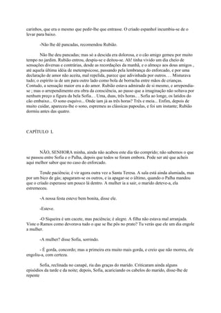 carinhos, que era o mesmo que pedir-lhe que entrasse. O criado espanhol incumbiu-se de o
levar para baixo.
-Não lhe dê pancadas, recomendou Rubião.
Não lhe deu pancadas; mas só a descida era dolorosa, e o cão amigo gemeu por muito
tempo no jardim. Rubião entrou, despiu-se e deitou-se. Ah! tinha vivido um dia cheio de
sensações diversas e contrárias, desde as recordações da manhã, e o almoço aos dous amigos ,
até aquela última idéia de metempsicose, passando pela lembrança do enforcado, e por uma
declaração de amor não aceita, mal repelida, parece que adivinhada por outros. . . Misturava
tudo; o espírito ia de um para outro lado como bola de borracha entre mãos de crianças.
Contudo, a sensação maior era a do amor. Rubião estava admirado de si mesmo, e arrependiase ; mas o arrependimento era obra da consciência, ao passo que a imaginação não soltava por
nenhum preço a figura da bela Sofia.. . Uma, duas, três horas.. . Sofia ao longe, os latidos do
cão embaixo... O sono esquivo... Onde iam já as três horas? Três e meia... Enfim, depois de
muito cuidar, apareceu-lhe o sono, espremeu as clássicas papoulas, e foi um instante; Rubião
dormiu antes das quatro.

CAPÍTULO L

NÃO, SENHORA minha, ainda não acabou este dia tão comprido; não sabemos o que
se passou entre Sofia e o Palha, depois que todos se foram embora. Pode ser até que acheis
aqui melhor sabor que no caso do enforcado.
Tende paciência; é vir agora outra vez a Santa Teresa. A sala está ainda alumiada, mas
por um bico de gás; apagaram-se os outros, e ia apagar-se o último, quando o Palha mandou
que o criado esperasse um pouco lá dentro. A mulher ia a sair, o marido deteve-a, ela
estremeceu.
-A nossa festa esteve bem bonita, disse ele.
-Esteve.
-O Siqueira é um cacete, mas paciência; é alegre. A filha não estava mal arranjada.
Viste o Ramos como devorava tudo o que se lhe pôs no prato? Tu verás que ele um dia engole
a mulher.
-A mulher? disse Sofia, sorrindo.
- É gorda, concordo; mas a primeira era muito mais gorda, e creio que não morreu, ele
engoliu-a, com certeza.
Sofia, reclinada no canapé, ria das graças do marido. Criticaram ainda alguns
episódios da tarde e da noite; depois, Sofia, acariciando os cabelos do marido, disse-lhe de
repente

 