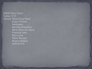 EREM Olinto Victor
Turma : 3° A
Alunos : Maria Clara Viana
Pedro Vinícius
Sandryane
Karoliny Gonçalves
Maria Clara dos Anjos
Franciele Lima
Flávio José
Flávio Marcelo
Dayane Stefany
Gabriela Íris
 