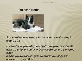 rafabebum.blogspot.com
A possibilidade de estar ali o testador dava-lhe arrepios.
(cap. XLIX)
O cão olhava para ele, de tal jeito que parecia estar ali
dentro o próprio e defunto Quincas Borba; era o mesmo
olhar
meditativo do filósofo, quando examinava negócios
humanos... (cap. XLIX)
Quincas Borba
 