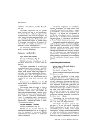 M.A. Pinillos et al


nitrófilos, como ribazos, bordes de culti-          Caracteres singulares: se caracteriza
vos, etc.                                       por ser un arbusto con hojas verdes todo
    Caracteres singulares: es una planta        el año, flores de color rosa, blanco o naran-
anual reconocible por su olor desagrada-        jo-amarillentas agrupadas en cimas corim-
ble. Tiene flores solitarias, típicamente       biformes. Las hojas son verticiladas y
acampanadas o con forma de trompeta, de         coriáceas, presentando un nervio central
color blanco; hojas grandes de forma oval       blanco que se ramifica secundariamente
con hendiduras que las dividen en nume-         hacia el borde. El fruto es un folículo de 8
rosos lóbulos que acaban en punta; frutos       a 15 cm. Toda la planta es venenosa.
de tipo caja, secos y llenos de pinchos de          Toxicología: similar a la Digitalis y Con-
color verde con semillas en su interior arri-   vallaria. Hojas y flores muy tóxicas (digita-
ñonadas. Toda la planta es tóxica.              lina, digitoxina, oleandrina, etc.). Provoca
    Los síntomas y el tratamiento son simi-     náuseas, vómitos, arritmias ventriculares,
lares a los de la belladona.                    síncope, depresiópn respiratoria, exitus.
                                                Debe practicarse vaciado gástrico, ingreso
                                                en UCI, monitoreo de hiperpotasemia y
Síndrome cardiotóxico                           digoxinemia, antiarrítmicos, marcapasos
                                                endocavitario, administración de fragmen-
    Tejo (Taxus baccatum)                       tos Fab purificados de anticuerpos antidi-
    Descripción biológica (Fig. 3)              goxina.
    Hábitat: en zonas montañosas con cli-
mas fríos. Abundante en la mitad norte de       Síndrome gastrointestinal
Navarra.
    Caracteres singulares: es un árbol que         Nueza blanca (Bryonia dioica,
presenta hojas verdes perennes a modo de           Bryonia alba)
acículas y que los ejemplares hembra pro-          Descripción biológica (Fig. 5)
ducen unas drupas rojas características.
                                                   Hábitat: en matorrales, cunetas, setos y
Las hojas son lineares aplanadas, dispues-
                                                bordes de arroyos.
tas en un plano, y los frutos poseen forma
de falsa drupa con una semilla muy tóxica           Caracteres singulares: es una planta
recubierta por una parte carnosa roja           trepadora. Las flores son pequeñas: las
(arilo).                                        masculinas tienen 5 pétalos blanco-verdo-
    Confusiones: es difícil que se den. El      sos y 5 estambres, mientras que las feme-
mayor peligro es su color rojo muy atracti-     ninas tienen los pétalos más cortos y están
vo para niños.                                  algo abultadas en su base. Las hojas son
                                                palmeadas, hendidas, con 5 lóbulos. Pre-
    Toxicología: todo el árbol es tóxico        sentan zarcillos, hojas modificadas a modo
(taxinas, efedrina) excepto el rojo arilo de    de finos tallos que le sirven a la planta
los frutos. Forma clásica de suicidio. Su       para trepar. Los frutos son bayas rojas o
ingestión provoca náuseas, vómitos, dolor       negras, dependiendo de la especie, que
abdominal, midriasis, astenia, coma, disrit-    contienen semillas pegajosas. Son tóxicas
mias cardiacas (arritmias ventriculares),       la raíz, el fruto y el jugo.
exitus. El tratamiento radica en monitori-
zar la hiperpotasemia (pueden precisar              Confusiones: con moras (Robus ulmifo-
hemodiálisis), atropina y valorar la inser-     lios), sobre todo porque comparten hábi-
ción de un marcapasos.                          tat y con la vid por el tipo de hoja.
    Nerium oleander (Adelfa)                        Toxicología: los frutos (bayas rojo-
                                                escarlata) y la raíz son tóxicos (brionina).
    Descripción biológica (Fig. 4)              Puede confundirse la raíz con el nabo
    Hábitat: es una especie alóctona en         comestible (Navet du diable). Acción enérgi-
nuestras latitudes pero que se ha naturali-     ca purgante. Vómitos, diarreas y dolor cóli-
zado en acequias y barrancos. Planta            co, poliuria, convulsiones, paro respiratorio
mediterránea muy utilizada en jardinería        y exitus son las manifestaciones clínicas
como ornamental.                                más importantes. Tratamiento sintomático.

252                                                   ANALES Sis San Navarra 2003, Vol. 26, Suplemento 1
 