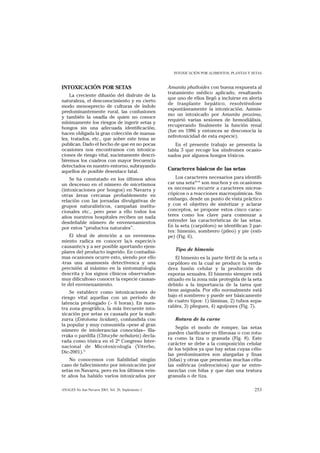 INTOXICACIÓN POR ALIMENTOS, PLANTAS Y SETAS


INTOXICACIÓN POR SETAS                               Amanita phalloides con buena respuesta al
                                                     tratamiento médico aplicado, resaltando
    La creciente difusión del disfrute de la
                                                     que uno de ellos llegó a incluirse en alerta
naturaleza, el desconocimiento y en cierto
                                                     de trasplante hepático, resolviéndose
modo menosprecio de culturas de índole
                                                     espontáneamente la intoxicación. Asimis-
predominantemente rural, las confusiones
                                                     mo un intoxicado por Amanita proxima,
y también la osadía de quien no conoce
                                                     requirió varias sesiones de hemodiálisis,
mínimamente los riesgos de ingerir setas y
                                                     recuperando finalmente la función renal
hongos sin una adecuada identificación,
                                                     (fue en 1986 y entonces se desconocía la
hacen obligada la gran colección de manua-
                                                     nefrotoxicidad de esta especie).
les, tratados, etc., que sobre este tema se
publican. Dado el hecho de que en no pocas              En el presente trabajo se presenta la
ocasiones nos encontramos con intoxica-              tabla 3 que recoge los síndromes ocasio-
ciones de riesgo vital, sucintamente descri-         nados por algunos hongos tóxicos.
biremos los cuadros con mayor frecuencia
detectados en nuestro entorno, subrayando
aquellos de posible desenlace fatal.
                                                     Caracteres básicos de las setas
    Se ha constatado en los últimos años                 Los caracteres necesarios para identifi-
un descenso en el número de micetismos               car una seta26-30 son muchos y en ocasiones
(intoxicaciones por hongos) en Navarra y             es necesario recurrir a caracteres micros-
otras áreas cercanas probablemente en                cópicos o a reacciones macroquímicas. Sin
relación con las jornadas divulgativas de            embargo, desde un punto de vista práctico
grupos naturalísticos, campañas institu-             y con el objetivo de sintetizar y aclarar
cionales etc., pero pese a ello todos los            conceptos, se propone estos cinco carac-
años nuestros hospitales reciben un nada             teres como los clave para comenzar a
desdeñable número de envenenamientos                 entender las características de las setas.
por estos “productos naturales”.                     En la seta (carpóforo) se identifican 3 par-
                                                     tes: himenio, sombrero (pileo) y pie (esti-
    El ideal de atención a un envenena-              pe) (Fig. 6).
miento radica en conocer la/s especie/s
causante/s y a ser posible aportando ejem-
                                                        Tipo de himenio
plares del producto ingerido. En contadísi-
mas ocasiones ocurre esto, siendo por ello               El himenio es la parte fértil de la seta o
-tras una anamnesis detectivesca y una               carpóforo en la cual se produce la verda-
precisión al máximo en la sintomatología             dera fusión celular y la producción de
descrita y los signos clínicos observados-           esporas sexuales. El himenio siempre está
muy dificultoso conocer la especie causan-           situado en la zona más protegida de la seta
te del envenenamiento.                               debido a la importancia de la tarea que
    Se establece como intoxicaciones de              tiene asignada. Por ello normalmente está
riesgo vital aquellas con un período de              bajo el sombrero y puede ser básicamente
latencia prolongado (> 6 horas). En nues-            de cuatro tipos: 1) láminas, 2) tubos sepa-
tra zona geográfica, la más frecuente into-          rables, 3) pliegues, 4) aguijones (Fig. 7).
xicación por setas es causada por la malt-
zurra (Entoloma lividum), confundida con                Rotura de la carne
la popular y muy consumida –pese al gran
                                                         Según el modo de romper, las setas
número de intolerancias conocidas– llla-
                                                     pueden clarificarse en fibrosas o con rotu-
rraka o pardilla (Clitocybe nebularis) decla-
                                                     ra como la tiza o granuda (Fig. 8). Este
rada como tóxica en el 2º Congreso Inter-
                                                     carácter se debe a la composición celular
nacional de Micotoxicología (Viterbo,
                                                     de los tejidos ya que hay setas cuyas célu-
Dic-2001).31
                                                     las predominantes son alargadas y finas
    No conocemos con fiabilidad ningún               (hifas) y otras que presentan muchas célu-
caso de fallecimiento por intoxicación por           las esféricas (esferocistos) que se entre-
setas en Navarra, pero en los últimos vein-          mezclan con hifas y que dan una textura
te años ha habido varios intoxicados por             granuda o de tiza.

ANALES Sis San Navarra 2003, Vol. 26, Suplemento 1                                             253
 