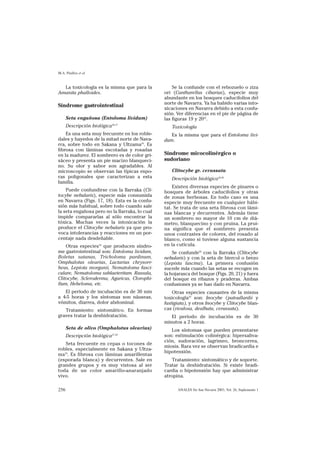M.A. Pinillos et al


  La toxicología es la misma que para la            Se la confunde con el rebozuelo o ziza
Amanita phalloides.                             ori (Cantharellus cibarius), especie muy
                                                abundante en los bosques caducifolios del
                                                norte de Navarra. Ya ha habido varias into-
Síndrome gastrointestinal
                                                xicaciones en Navarra debido a esta confu-
                                                sión. Ver diferencias en el pie de página de
      Seta engañosa (Entoloma lividum)          las figuras 19 y 2035.
      Descripción biológica26,27                   Toxicología
    Es una seta muy frecuente en los roble-        Es la misma que para el Entoloma livi-
dales y hayedos de la mitad norte de Nava-      dum.
rra, sobre todo en Sakana y Ultzama34. Es
fibrosa con láminas escotadas y rosadas
en la madurez. El sombrero es de color gri-     Síndrome micocolinérgico o
sáceo y presenta un pie macizo blanqueci-       sudoriano
no. Su olor y sabor son agradables. Al
microscopio se observan las típicas espo-          Clitocybe gr. cerussata
ras poligonales que caracterizan a esta            Descripción biológica26-28
familia.
                                                    Existen diversas especies de pinares o
    Puede confundirse con la Ilarraka (Cli-     bosques de árboles caducifolios y otras
tocybe nebularis), especie más consumida        de zonas herbosas. En todo caso es una
en Navarra (Figs. 17, 18). Esta es la confu-    especie muy frecuente en cualquier hábi-
sión más habitual, sobre todo cuando sale       tat. Se trata de una seta fibrosa con lámi-
la seta engañosa pero no la Ilarraka, lo cual   nas blancas y decurrentes. Además tiene
impide compararlas al sólo encontrar la         un sombrero no mayor de 10 cm de diá-
tóxica. Muchas veces la intoxicación la         metro, blanquecino y con pruina. La prui-
produce el Clitocybe nebularis ya que pro-      na significa que el sombrero presenta
voca intolerancias y reacciones en un por-      unos contrastes de colores, del rosado al
centaje nada desdeñable.                        blanco, como si tuviese alguna sustancia
    Otras especies33 que producen síndro-       en la cutícula.
me gastrointestinal son: Entoloma lividum,          Se confunde35 con la Ilarraka (Clitocybe
Boletus satanas, Tricholoma pardinum,           nebularis) y con la seta de biercol o brezo
Omphalotus olearius, Lactarius chrysorr-        (Lepista luscina). La primera confusión
heus, Lepiota morganii, Nematoloma fasci-       sucede más cuando las setas se recogen en
culare, Nematoloma sublaeteritum. Russula,      la hojarasca del bosque (Figs. 20, 21) y fuera
Clitocybe, Scleroderma, Agaricus, Clorophi-     del bosque en ribazos y praderas. Ambas
llum, Hebeloma, etc.                            confusiones ya se han dado en Navarra.
   El período de incubación es de 30 min            Otras especies causantes de la misma
a 4-5 horas y los síntomas son náuseas,         toxicología33 son: Inocybe (patoullardii y
vómitos, diarrea, dolor abdominal.              fastigiata), y otros Inocybe y Clitocybe blan-
   Tratamiento: sintomático. En formas          cas (rivulosa, dealbata, cerussata).
graves tratar la deshidratación.                   El período de incubación es de 30
                                                minutos a 2 horas.
      Seta de olivo (Omphalotus olearius)          Los síntomas que pueden presentarse
      Descripción biológica27,28                son: estimulación colinérgica: hipersaliva-
                                                ción, sudoración, lagrimeo, broncorrea,
   Seta frecuente en cepas o tocones de
                                                miosis. Rara vez se observan bradicardia e
robles, especialmente en Sakana y Ultza-
                                                hipotensión.
ma34. Es fibrosa con láminas amarillentas
(esporada blanca) y decurrentes. Sale en            Tratamiento: sintomático y de soporte.
grandes grupos y es muy vistosa al ser          Tratar la deshidratación. Si existe bradi-
toda de un color amarillo-anaranjado            cardia o hipotensión hay que administrar
vivo.                                           atropina.

256                                                   ANALES Sis San Navarra 2003, Vol. 26, Suplemento 1
 