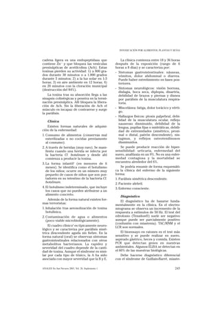 INTOXICACIÓN POR ALIMENTOS, PLANTAS Y SETAS


cadena ligera es una endopeptidasa que                    La clínica comienza entre 18 y 36 horas
contiene Zn++ y que bloquea las vesículas            después de la exposición (rango de 6
presinápticas de acetilcolina (Ach). Estas           horas a 8 días) y se caracteriza por:
toxinas pierden su actividad: 1) a 800 gra-          - Síntomas gastrointestinales: náuseas,
dos durante 30 minutos o a 1.000 grados                 vómitos, dolor abdominal o diarrea.
durante 5 minutos; 2) a la luz solar en 1-3             Puede haber estreñimiento en fases pos-
horas; 3) en aire ambiente en 12 horas; 4)              teriores.
en 20 minutos con la cloración municipal
(destrucción del 84%).                               - Síntomas neurológicos: visión borrosa,
                                                        disfagia, boca seca, diplopia, disartria,
    La toxina tras su absorción llega a las             debilidad de brazos y piernas y disnea
sinapsis colinérgicas y penetra en la termi-            por parálisis de la musculatura respira-
nación presináptica. Allí bloquea la libera-            toria.
ción de Ach. Sin la liberación de Ach el
                                                     - Miscelánea: fatiga, dolor torácico y vérti-
músculo es incapaz de contraerse y surge
                                                        go.
la parálisis.
                                                     - Hallazgos físicos: ptosis palpebral, debi-
     Clínica                                            lidad de la musculatura ocular, reflejo
                                                        nauseoso disminuido, debilidad de la
     Existen formas naturales de adquisi-               lengua, pupilas fijas o midriáticas, debili-
ción de la enfermedad:                                  dad de extremidades (simétrico, proxi-
1. Consumo de alimentos (conservas mal                  mal o distal, patrón descendente), nis-
   esterilizadas o no cocidas previamente               tagmus, y reflejos osteotendinosos
   al consumo).                                         disminuidos.
2. A través de heridas (muy raro). Se mani-               Se puede producir reacción de hiper-
   fiesta cuando una herida se infecta por           sensibilidad: urticaria, enfermedad del
   la bacteria Cl. botulinum y desde ahí             suero, anafilaxia en un 9%. No es una enfer-
   comienza a producir la toxina.                    medad contagiosa y la mortalidad se
                                                     encuentra alrededor del 6%.
3. La forma infantil3 (en menores de 6
   meses). Se identifica como el botulismo                Se podría resumir de forma esquemáti-
   de los niños; ocurre en un número muy             ca la clínica del enfermo de la siguiente
   pequeño de casos de niños que son por-            forma:
   tadores en su intestino de la bacteria Cl.        1. Parálisis simétrica descendente.
   botulinum.                                        2. Paciente afebril.
4. El botulismo indeterminado, que incluye           3. Enfermo consciente.
   los casos que no pueden atribuirse a un
   alimento concreto.
                                                         Diagnóstico
     Además de la forma natural existen for-
                                                         El diagnóstico ha de basarse funda-
mas terroristas:
                                                     mentalmente en la clínica. En el electro-
1. Inhalación tras aerosolización de toxina          miograma se observa un incremento de la
   botulínica.                                       respuesta a estímulos de 50 Hz. El test del
2. Contaminación de agua o alimentos                 edrofonio (Tensilon®) suele ser negativo
   (poco viable microbiológicamente).                aunque puede ser parcialmente positivo
                                                     (confusión con miastenia). TAC/RNM y el
     El cuadro clínico4 es típicamente neuro-        LCR son normales.
lógico y se caracteriza por parálisis simé-
trica descendente aguda sin fiebre. En la                El bioensayo en ratones es el test más
forma natural (oral) se observan síntomas            sensitivo y se puede realizar en suero,
gastrointestinales relacionados con otros            aspirado gástrico, heces y comida. Existen
metabolitos bacterianos. La rapidez y                PCR que detectan genes en nuestras
severidad del cuadro depende de la canti-            ambientales. Algunos ELISA se detectan en
dad de toxina. Aunque el síndrome es simi-           el 60% de las muestras biológicas.
lar por cada tipo de tóxico, la A ha sido                Debe hacerse diagnóstico diferencial
asociada con mayor severidad que la B y E.           con el síndrome de Guillain-Barré, miaste-

ANALES Sis San Navarra 2003, Vol. 26, Suplemento 1                                              245
 