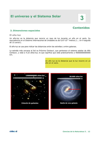 El universo y el Sistema Solar
Contenidos
3. Dimensiones espaciales
El año-luz
Un año-luz es la distancia que recorre un rayo de luz durante un año en el vacío. Su
equivalencia en el Sistema Internacional de Unidades es de 9,47·1015
metros (¡... Un 9 seguido
de 15 ceros!) .
El año-luz se usa para indicar las distancias entre las estrellas y entre galaxias.
La estrella más cercana al Sol es Próxima Centauri, que pertenece al sistema estelar de Alfa
Centauri, y está a 4.22 años-luz; lo que significa que está prácticamente a 40000000000000
km.
Un año luz es la distancia que la luz recorre en un
año en el vacío.
Ciencias de la Naturaleza 3 . 12
3
 