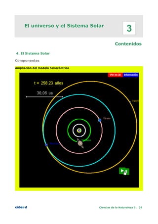 El universo y el Sistema Solar
Contenidos
4. El Sistema Solar
Componentes
Ampliación del modelo heliocéntrico
Ciencias de la Naturaleza 3 . 26
3
 