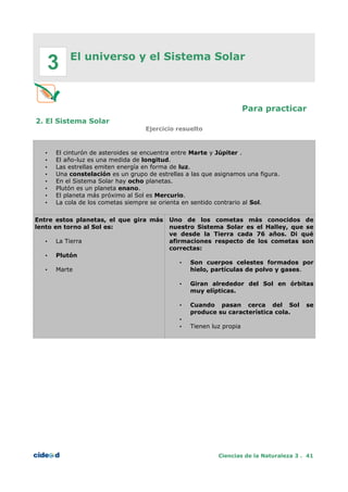 El universo y el Sistema Solar
Para practicar
2. El Sistema Solar
Ejercicio resuelto
• El cinturón de asteroides se encuentra entre Marte y Júpiter .
• El año-luz es una medida de longitud.
• Las estrellas emiten energía en forma de luz.
• Una constelación es un grupo de estrellas a las que asignamos una figura.
• En el Sistema Solar hay ocho planetas.
• Plutón es un planeta enano.
• El planeta más próximo al Sol es Mercurio.
• La cola de los cometas siempre se orienta en sentido contrario al Sol.
Entre estos planetas, el que gira más
lento en torno al Sol es:
• La Tierra
• Plutón
• Marte
Uno de los cometas más conocidos de
nuestro Sistema Solar es el Halley, que se
ve desde la Tierra cada 76 años. Di qué
afirmaciones respecto de los cometas son
correctas:
• Son cuerpos celestes formados por
hielo, partículas de polvo y gases.
• Giran alrededor del Sol en órbitas
muy elípticas.
• Cuando pasan cerca del Sol se
produce su característica cola.
•
• Tienen luz propia
Ciencias de la Naturaleza 3 . 41
3
 