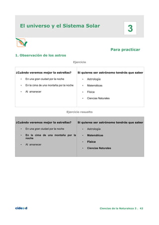 El universo y el Sistema Solar
Para practicar
1. Observación de los astros
Ejercicio
¿Cuándo veremos mejor la estrellas?
• En una gran ciudad por la noche
• En la cima de una montaña por la noche
• Al amanecer
Si quieres ser astrónomo tendrás que saber
• Astrología
• Matemáticas
• Física
• Ciencias Naturales
Ejercicio resuelto
¿Cuándo veremos mejor la estrellas?
• En una gran ciudad por la noche
• En la cima de una montaña por la
noche
• Al amanecer
Si quieres ser astrónomo tendrás que saber
• Astrología
• Matemáticas
• Física
• Ciencias Naturales
Ciencias de la Naturaleza 3 . 42
3
 