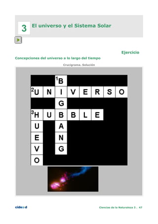 El universo y el Sistema Solar
Ejercicio
Concepciones del universo a lo largo del tiempo
Crucigrama. Solución
Ciencias de la Naturaleza 3 . 47
3
 