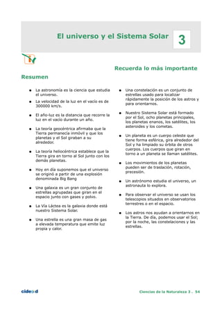 El universo y el Sistema Solar
Recuerda lo más importante
Resumen
● La astronomía es la ciencia que estudia
el universo.
● La velocidad de la luz en el vacío es de
300000 km/s.
● El año-luz es la distancia que recorre la
luz en el vacío durante un año.
● La teoría geocéntrica afirmaba que la
Tierra permanecía inmóvil y que los
planetas y el Sol giraban a su
alrededor.
● La teoría heliocéntrica establece que la
Tierra gira en torno al Sol junto con los
demás planetas.
● Hoy en día suponemos que el universo
se originó a partir de una explosión
denominada Big Bang
● Una galaxia es un gran conjunto de
estrellas agrupadas que giran en el
espacio junto con gases y polvo.
● La Vía Láctea es la galaxia donde está
nuestro Sistema Solar.
● Una estrella es una gran masa de gas
a elevada temperatura que emite luz
propia y calor.
● Una constelación es un conjunto de
estrellas usado para localizar
rápidamente la posición de los astros y
para orientarnos.
● Nuestro Sistema Solar está formado
por el Sol, ocho planetas principales,
los planetas enanos, los satélites, los
asteroides y los cometas.
● Un planeta es un cuerpo celeste que
tiene forma esférica, gira alrededor del
Sol y ha limpiado su órbita de otros
cuerpos. Los cuerpos que giran en
torno a un planeta se llaman satélites.
● Los movimientos de los planetas
pueden ser de traslación, rotación,
precesión.
● Un astrónomo estudia el universo, un
astronauta lo explora.
● Para observar el universo se usan los
telescopios situados en observatorios
terrestres o en el espacio.
● Los astros nos ayudan a orientarnos en
la Tierra. De día, podemos usar el Sol;
por la noche, las constelaciones y las
estrellas.
Ciencias de la Naturaleza 3 . 54
3
 