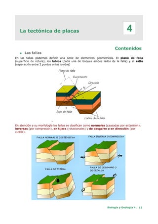 La tectónica de placas
Contenidos
● Las fallas
En las fallas podemos definir una serie de elementos geométricos. El plano de falla
(superficie de rotura), los labios (cada una de boques ambos lados de la falla) y el salto
(separación entre 2 puntos antes unidos)
.
En atención a su morfología los fallas se clasifican como normales (causadas por extensión),
inversas (por compresión), en tijera (rotacionales) y de desgarre o en dirección (por
cizalla).
Biología y Geología 4 . 12
4
 