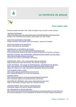La tectónica de placas
Para saber más
Siempre puedes aprender más. Visita las páginas que vinculan a estos enlaces:
PROYECTO BIOSFERA
(http://recursos.cnice.mec.es/biosfera/alumno/4ESO/MedioNatural1I/index.htm)
Accede a los contenidos del proyecto relacionados con esta unidad
INSTITUTO GEOGRÁFICO NACIONAL
Puedes encontrar información sobre terremotos y volcanes de España.
INSTITUTO ANDALUZ DE GEOFÍSICA
Buena información de sismología.
HISTORIA DE LA TECTÓNICA DE PLACAS
(http://www.ssn.unam.mx/website/jsp/Placas/placas.jsp)
Una reconstrucción histórica de cómo se gestó la teoría de la Tectónica de Placas.
NATIONAL OCEANIC AND ATMOSFERIC ADMINISTRATION (NOAA):Learnig Objets
http://www.montereyinstitute.org/noaa/
Lecciones con vídeos y actividades interactivas.
EARTHQUAKE. USGS.: http://earthquake.usgs.gov/learning/
Páginas educativas sobre terremotos. Muy buenas imágenes.
PLATE TECTONICS, THE CAUSE OF EARTHQUAKES. UNIVERSIDAD DE NEVADA
http://www.seismo.unr.edu/ftp/pub/louie/class/100/plate-tectonics.html
Página de refuerzo con unas interesantes fotografías aéreas de la NASA.
THIS DYNAMIC EARTH. USGS
http://pubs.usgs.gov/gip/dynamic/dynamic.html
Muy interesante página a un nivel muy asequible.
DYNAMIC EARTH
http://www.see.leeds.ac.uk/structure/dynamicearth/index.htm
Muy interesante página con presentaciones interactivas.
VOLCANES DE CANARIAS: http://www.volcanesdecanarias.com/
Toda la información necesaria sobre los volcanes canarios.
VOLCANO WORLD: http://volcano.oregonstate.edu/
Interesante página con buenos dibujos explicativos.
DEL ORDENADOR AL MEDIO NATURAL:
http://www.educa.madrid.org/web/ies.migueldelibes.torrejondelacalzada/recorridos/index2.htm
Excursiones geológicas en los alrededores de Madrid con buenos dibujos explicativos.
Biología y Geología 4 . 25
4
 