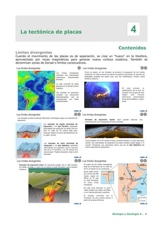 La tectónica de placas
Contenidos
Límites divergentes
Cuando el movimiento de las placas es de separación, se crea un "hueco" en la litosfera,
aprovechado por rocas magmáticas para generar nueva corteza oceánica. También se
denominan zonas de Dorsal o límites constructivos.
Biología y Geología 4 . 4
4
 