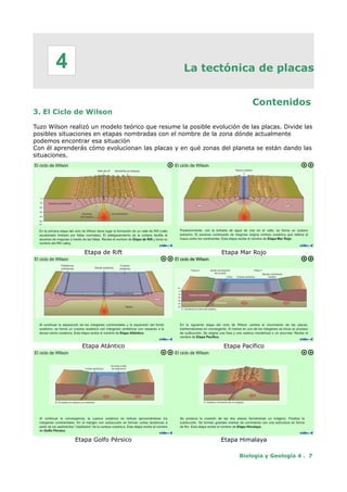La tectónica de placas
Contenidos
3. El Ciclo de Wilson
Tuzo Wilson realizó un modelo teórico que resume la posible evolución de las placas. Divide las
posibles situaciones en etapas nombradas con el nombre de la zona dónde actualmente
podemos encontrar esa situación
Con él aprenderás cómo evolucionan las placas y en qué zonas del planeta se están dando las
situaciones.
Etapa de Rift Etapa Mar Rojo
Etapa Atántico Etapa Pacífico
Etapa Golfo Pérsico Etapa Himalaya
Biología y Geología 4 . 7
4
 