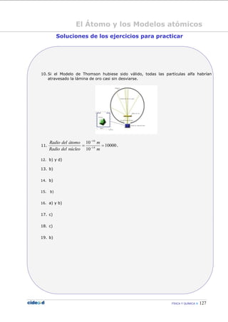 FÍSICA Y QUÍMICA  127
El Átomo y los Modelos atómicos
Soluciones de los ejercicios para practicar
10. Si el Modelo de Thomson hubiese sido válido, todas las partículas alfa habrían
atravesado la lámina de oro casi sin desviarse.
11. 10000
10
10
14
10
 

m
m
núcleodelRadio
átomodelRadio
.
12. b) y d)
13. b)
14. b)
15. b)
16. a) y b)
17. c)
18. c)
19. b)
 