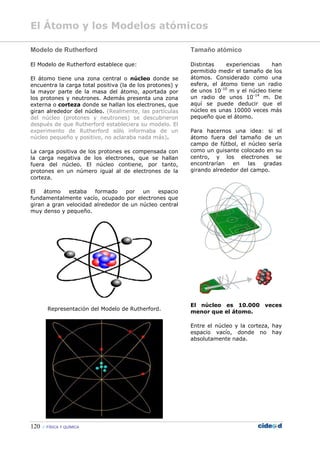 El Átomo y los Modelos atómicos
120  FÍSICA Y QUÍMICA
Modelo de Rutherford
El Modelo de Rutherford establece que:
El átomo tiene una zona central o núcleo donde se
encuentra la carga total positiva (la de los protones) y
la mayor parte de la masa del átomo, aportada por
los protones y neutrones. Además presenta una zona
externa o corteza donde se hallan los electrones, que
giran alrededor del núcleo. (Realmente, las partículas
del núcleo (protones y neutrones) se descubrieron
después de que Rutherford estableciera su modelo. El
experimento de Rutherford sólo informaba de un
núcleo pequeño y positivo, no aclaraba nada más).
La carga positiva de los protones es compensada con
la carga negativa de los electrones, que se hallan
fuera del núcleo. El núcleo contiene, por tanto,
protones en un número igual al de electrones de la
corteza.
El átomo estaba formado por un espacio
fundamentalmente vacío, ocupado por electrones que
giran a gran velocidad alrededor de un núcleo central
muy denso y pequeño.
Representación del Modelo de Rutherford.
Tamaño atómico
Distintas experiencias han
permitido medir el tamaño de los
átomos. Considerado como una
esfera, el átomo tiene un radio
de unos 10-10
m y el núcleo tiene
un radio de unos 10-14
m. De
aquí se puede deducir que el
núcleo es unas 10000 veces más
pequeño que el átomo.
Para hacernos una idea: si el
átomo fuera del tamaño de un
campo de fútbol, el núcleo sería
como un guisante colocado en su
centro, y los electrones se
encontrarían en las gradas
girando alrededor del campo.
El núcleo es 10.000 veces
menor que el átomo.
Entre el núcleo y la corteza, hay
espacio vacío, donde no hay
absolutamente nada.
 