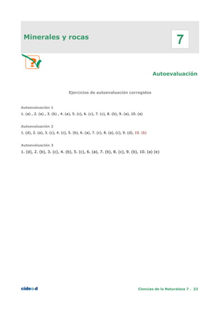Minerales y rocas
Autoevaluación
Ejercicios de autoevaluación corregidos
Autoevaluación 1
1. (a) , 2. (a) , 3. (b) , 4. (a), 5. (c), 6. (c), 7. (c), 8. (b), 9. (a), 10. (a)
Autoevaluación 2
1. (d), 2. (a), 3. (c), 4. (c), 5. (b), 6. (a), 7. (c), 8. (a), (c), 9. (d), 10. (b)
Autoevaluación 3
1. (d), 2. (b), 3. (c), 4. (b), 5. (c), 6. (a), 7. (b), 8. (c), 9. (b), 10. (a) (e)
Ciencias de la Naturaleza 7 . 32
7
 