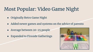 Most Popular: Video Game Night
● Originally Retro Game Night
● Added newer games and systems on the advice of patrons
● Average between 20-25 people
● Expanded to Fireside Gatherings
 