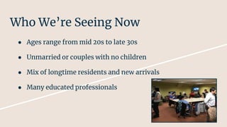 Who We’re Seeing Now
● Ages range from mid 20s to late 30s
● Unmarried or couples with no children
● Mix of longtime residents and new arrivals
● Many educated professionals
 